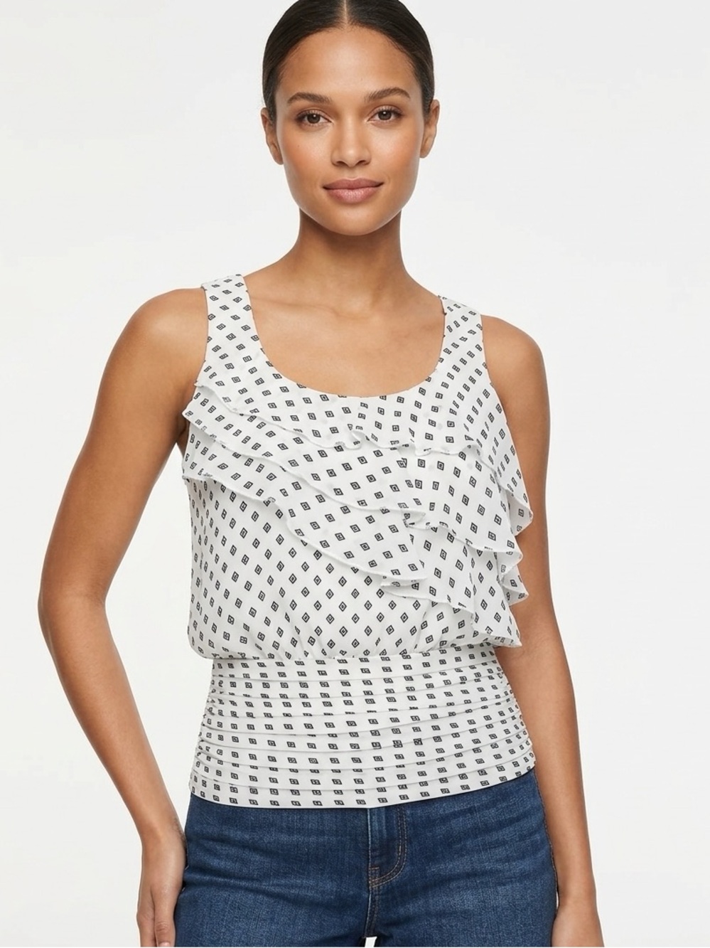 WHBM White Black Scoop Neck S/L Asymmetrical Ruffle Blouson Tank Top XS $78 EUC